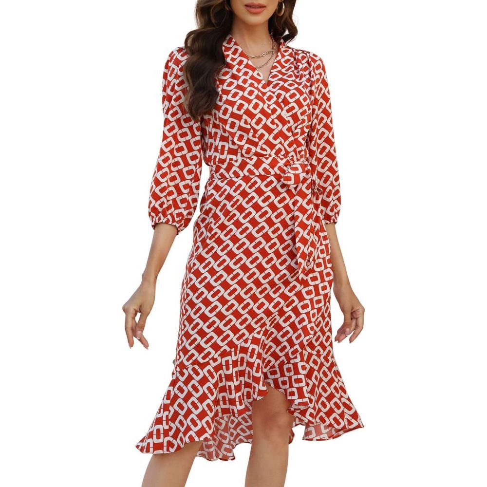 Women's 3/4 Sleeve V Neck Ruffle Wrap Dress High Waist A Line Tie Belt Dress NWT